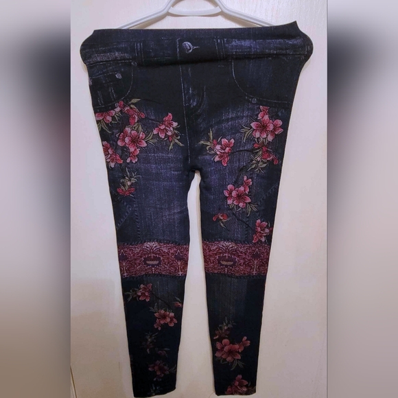 Denim-like Floral Design Jeggings - one Size - Picture 1 of 4